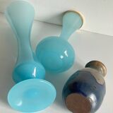 Vintage Blue Stoneware and Opaline Glass VASES