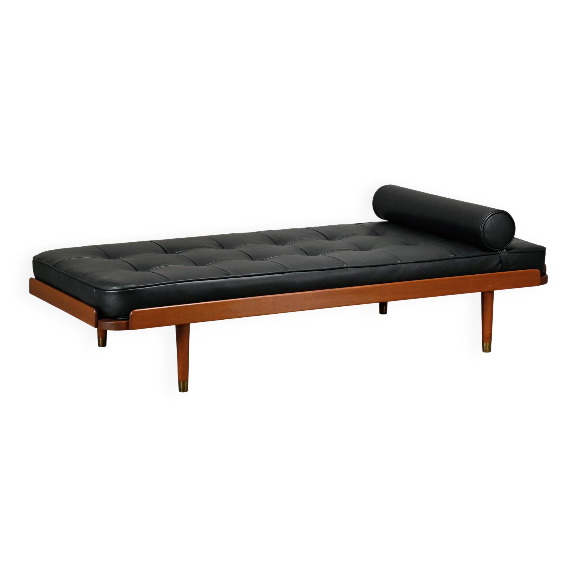 Scandinavian Daybed in Teak and Black Leather attributed to Horsens Møbelfa