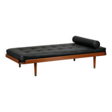 Scandinavian Daybed in Teak and Black Leather attributed to Horsens Møbelfa