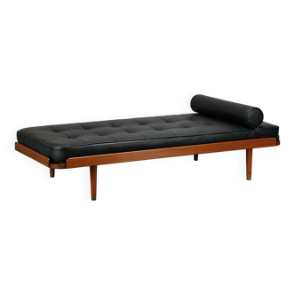 Scandinavian Daybed in Teak and Black Leather attributed to Horsens Møbelfa