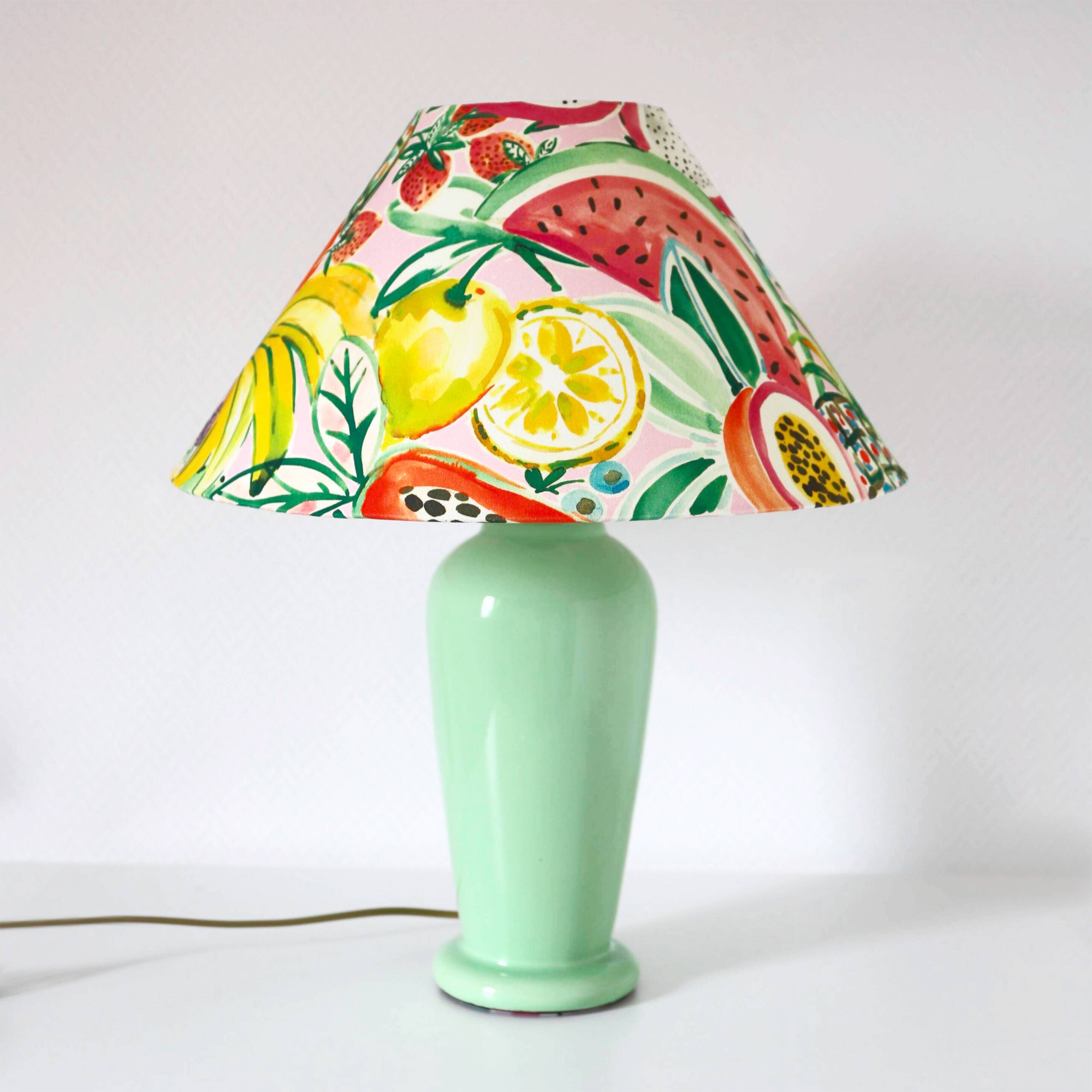 Vintage water green ceramic foot lamp with “fruit” printed lampshade