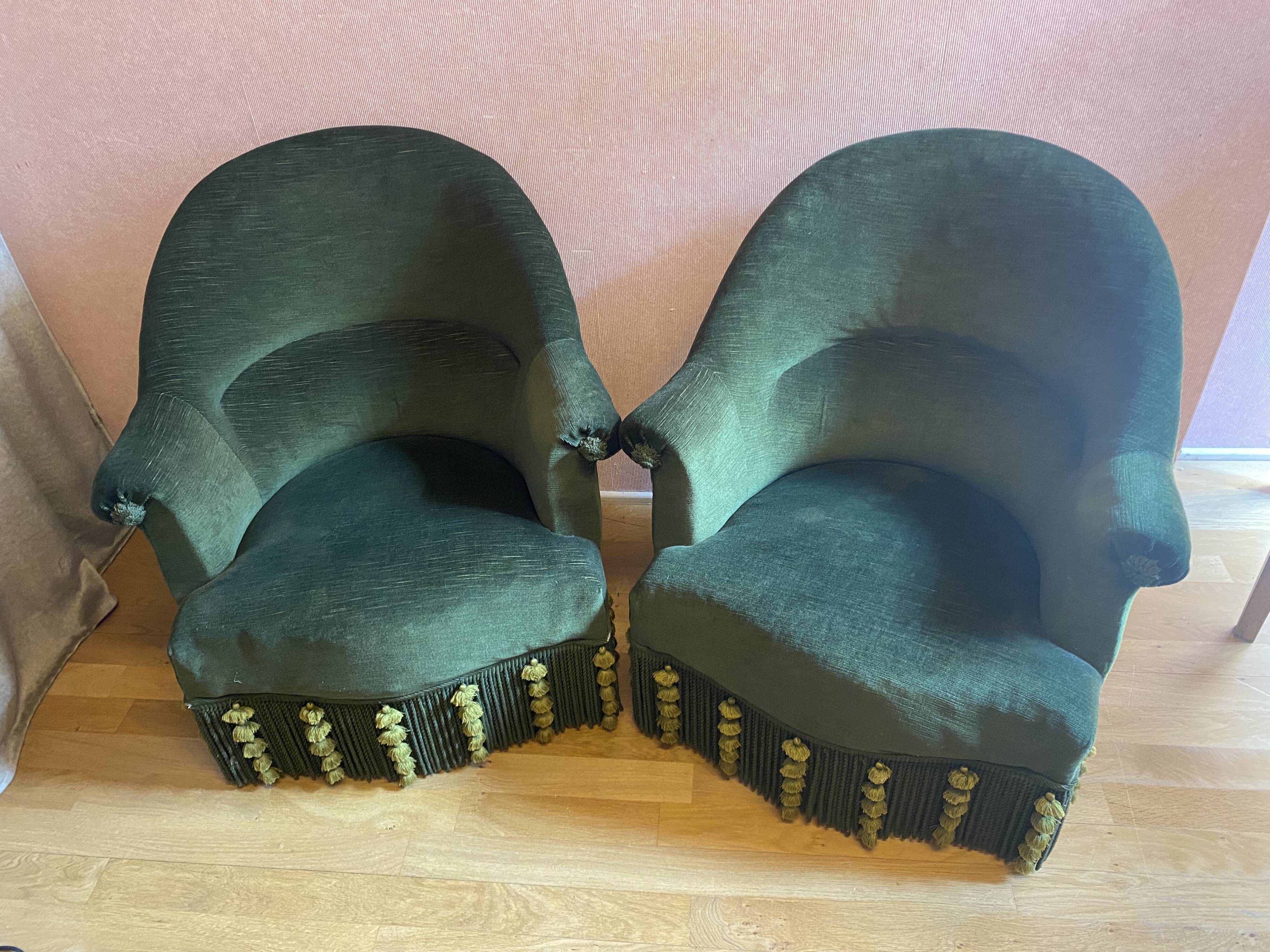 Pair of toad armchairs, duck green