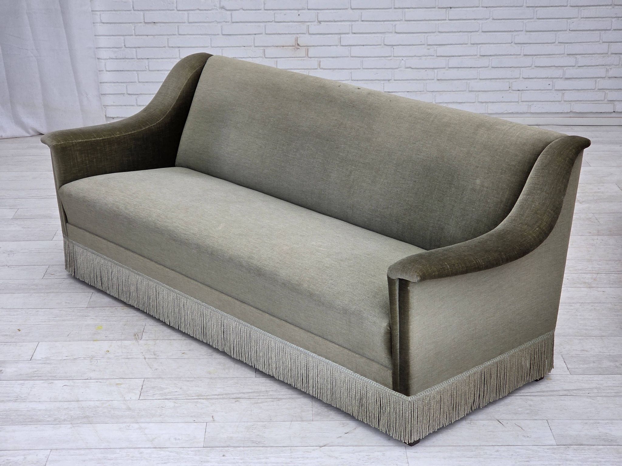 1970s, Danish 3-seater sofa, green furniture velour, beech wood.