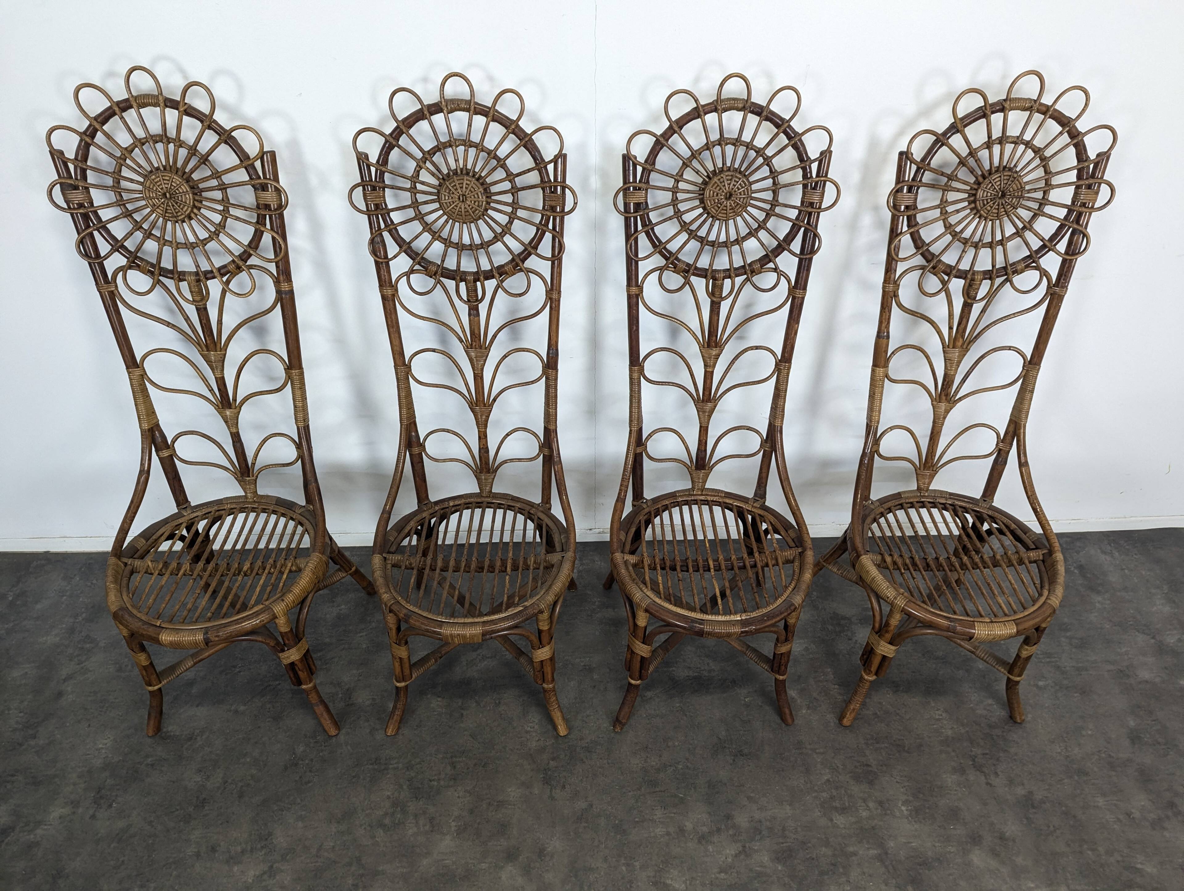 Set of 4 bamboo and rattan chairs with sunflower decoration.
