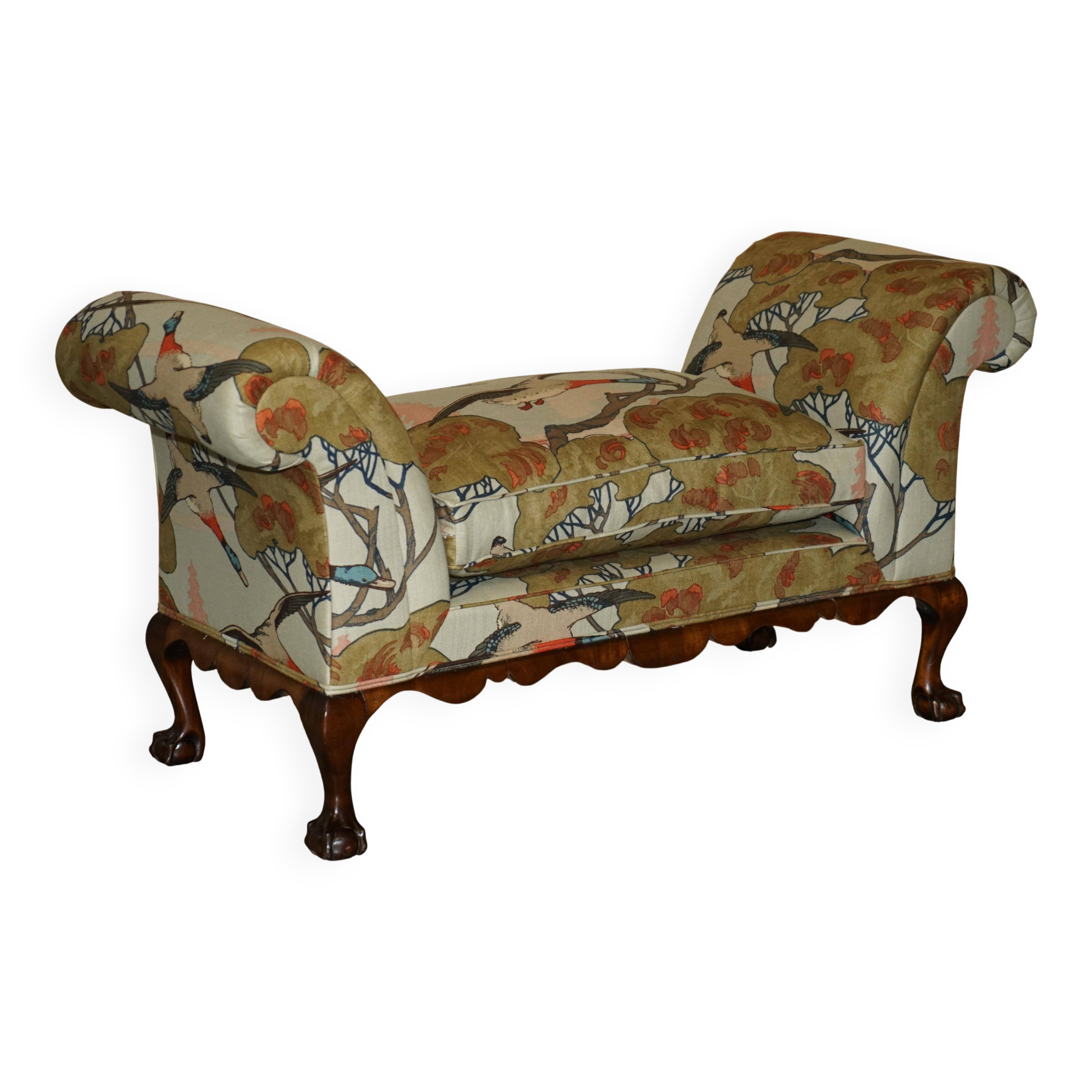 Antique banquette with cluster and ball feet, window seat in Mulberry Flying Ducks fabric.