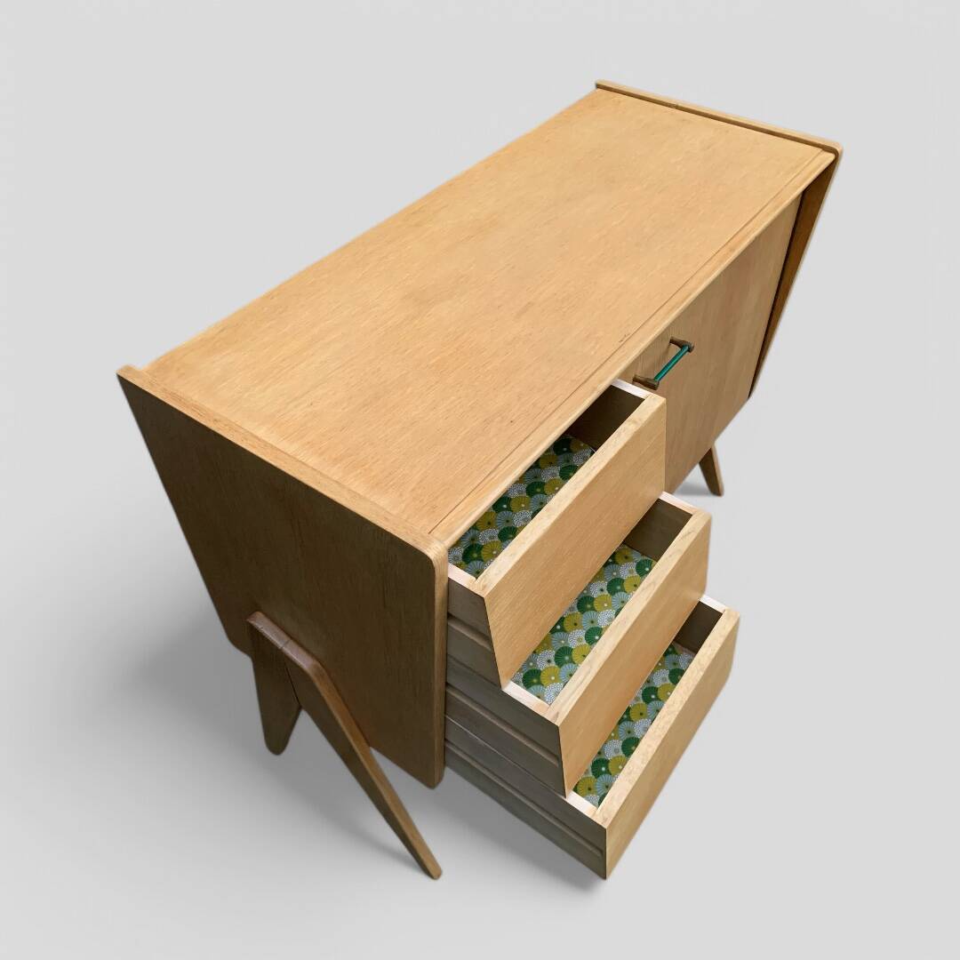 Vintage chest of drawers with compass legs, light oak, 1960s