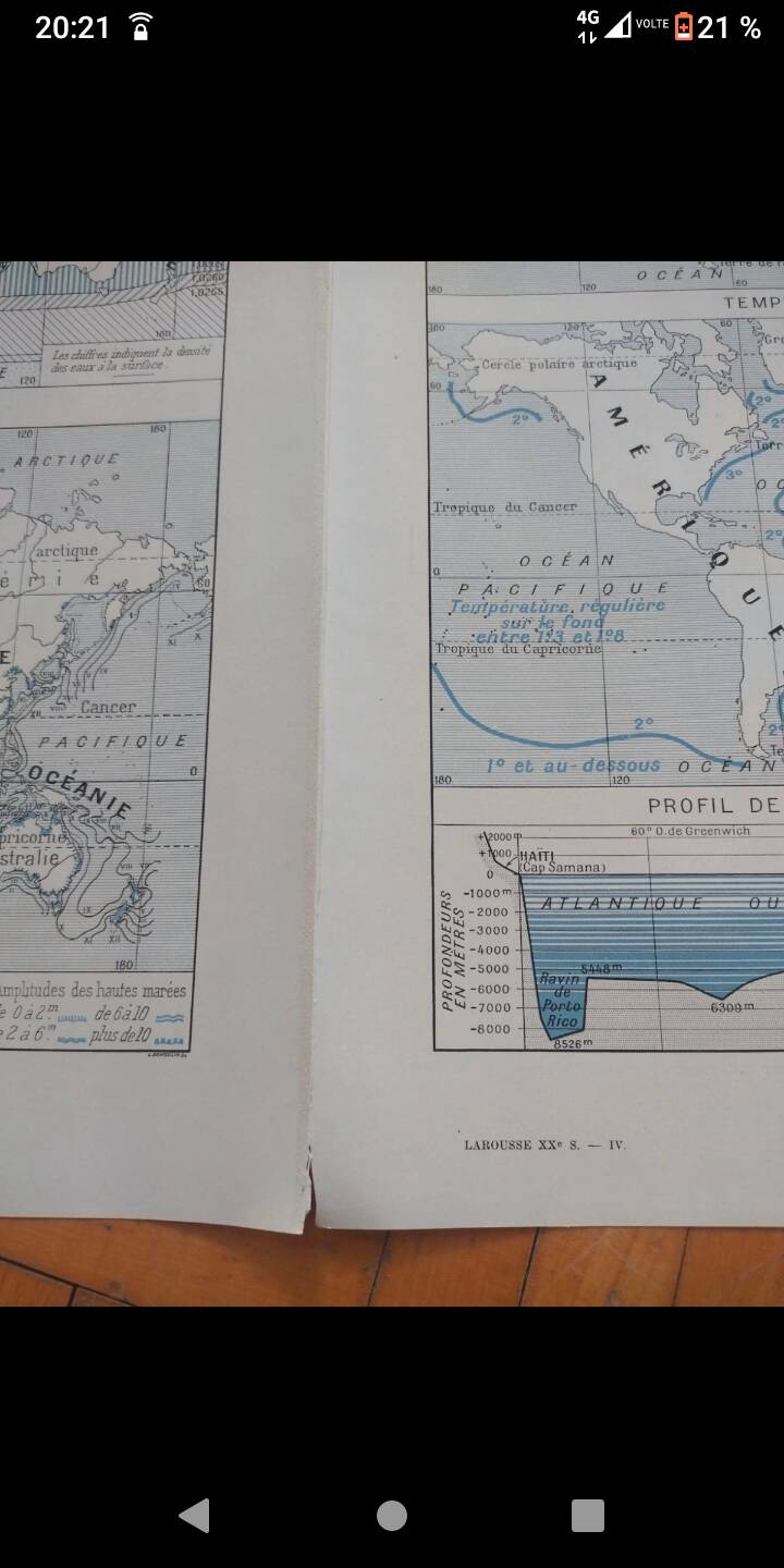 Old geographical map seas currents isobars isotherms Larousse