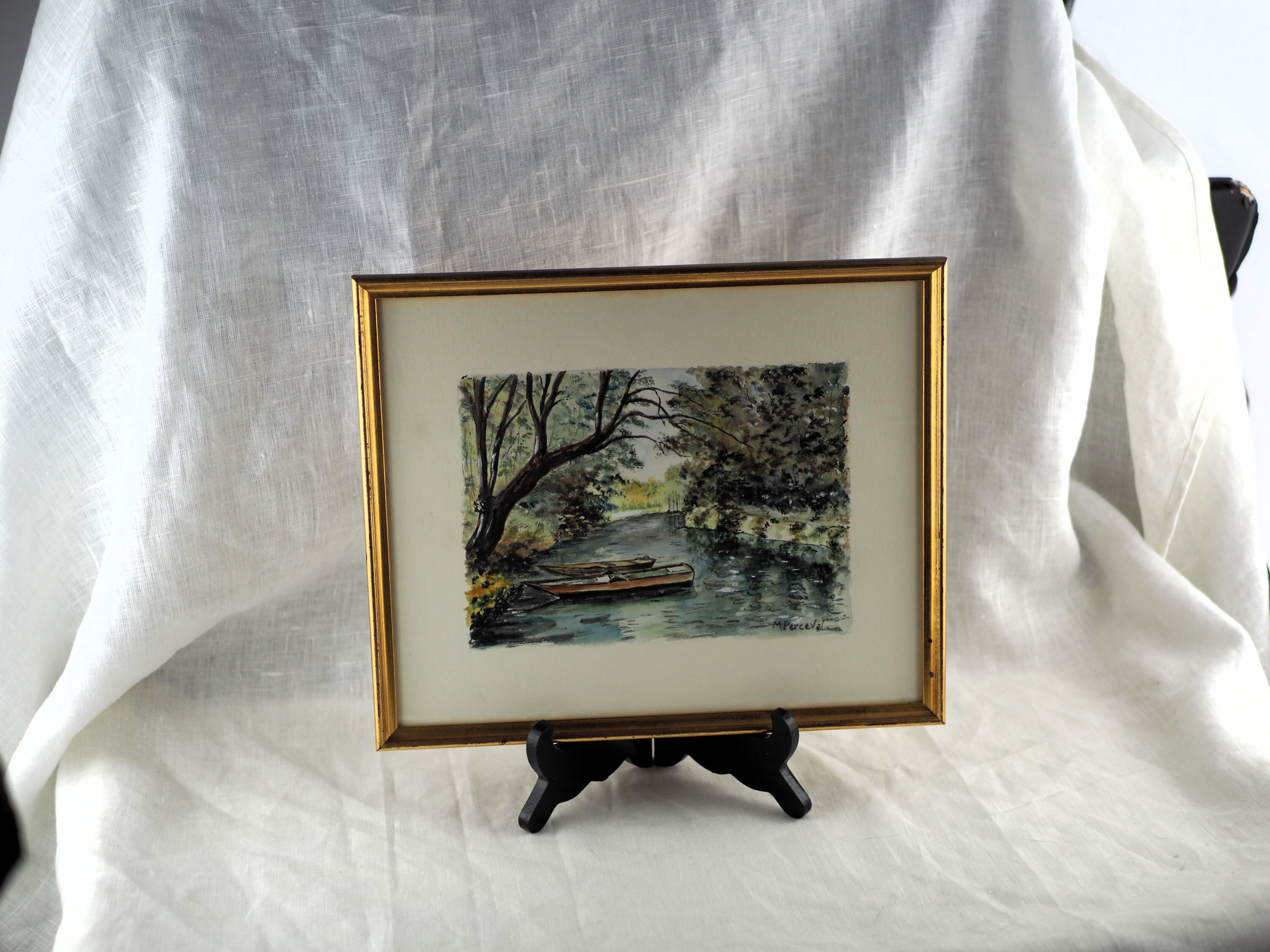 River and its two boats overlooked by a falling willow - Monique Perceval