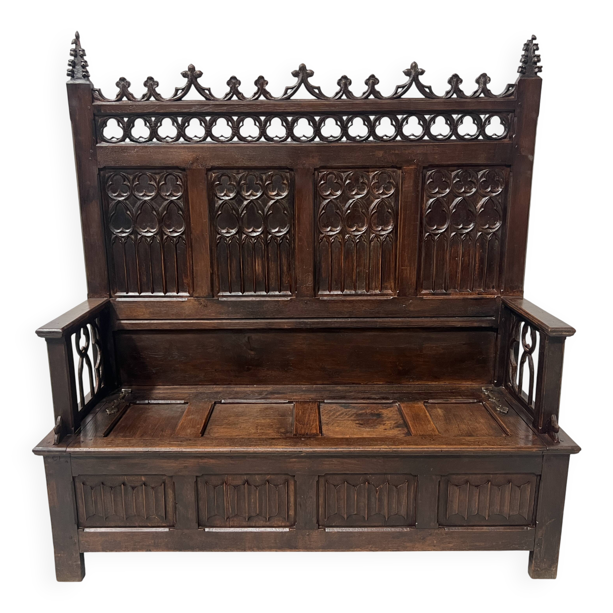 Gothic style carved oak chest bench, 19th century