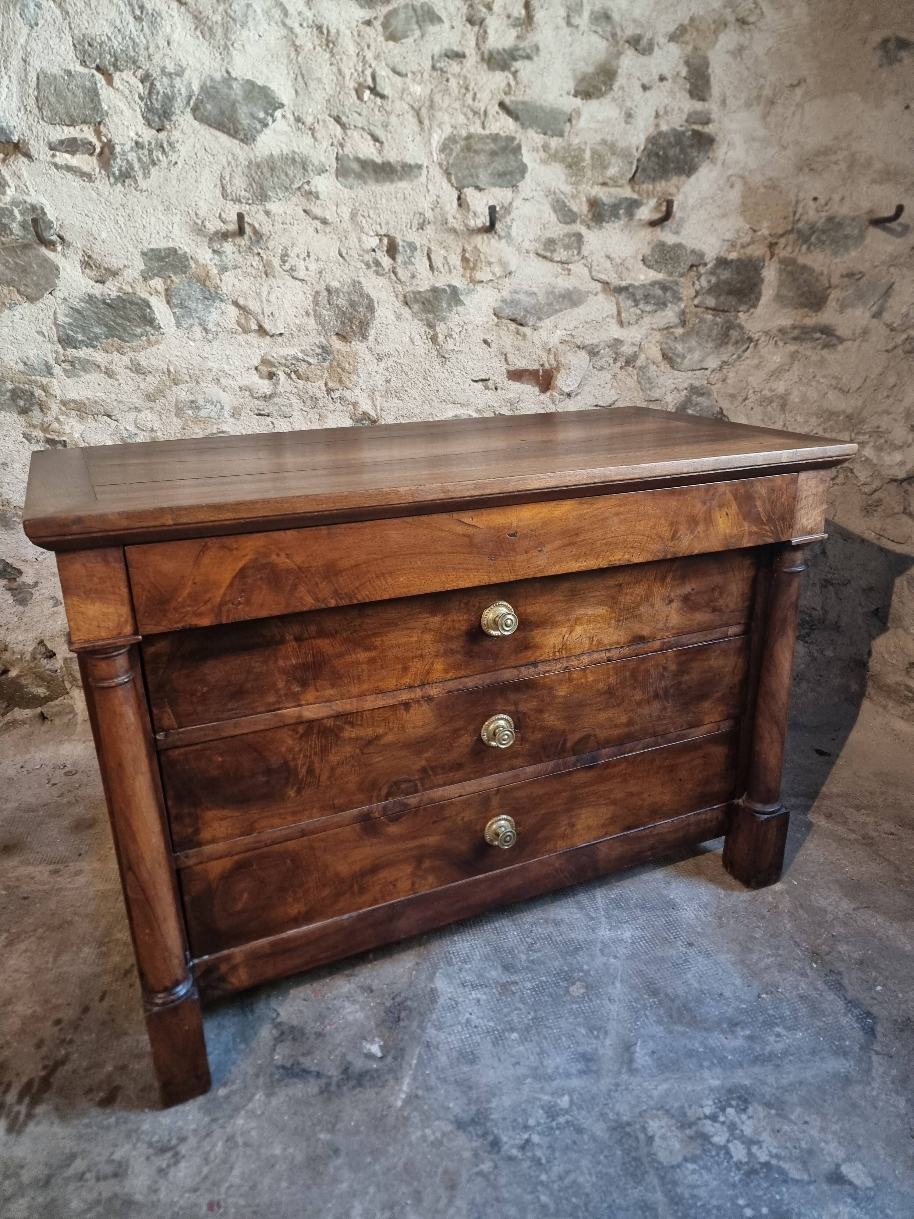 Antique French walnut commode, early 19th century (1800–1830), 4 drawers.