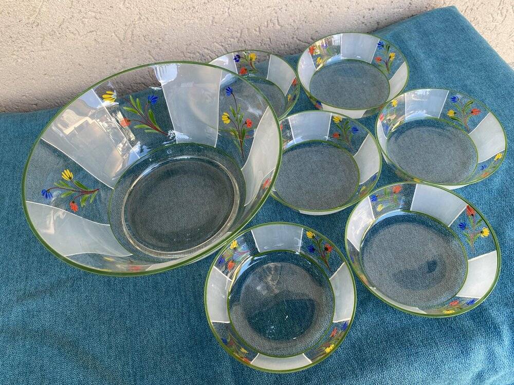 Set of 7 hand-painted glass bowls, multicoloured transparent, Hungary 1950s