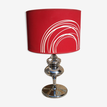 Lampe vintage 1970 chromée pied boule abat jour rouge