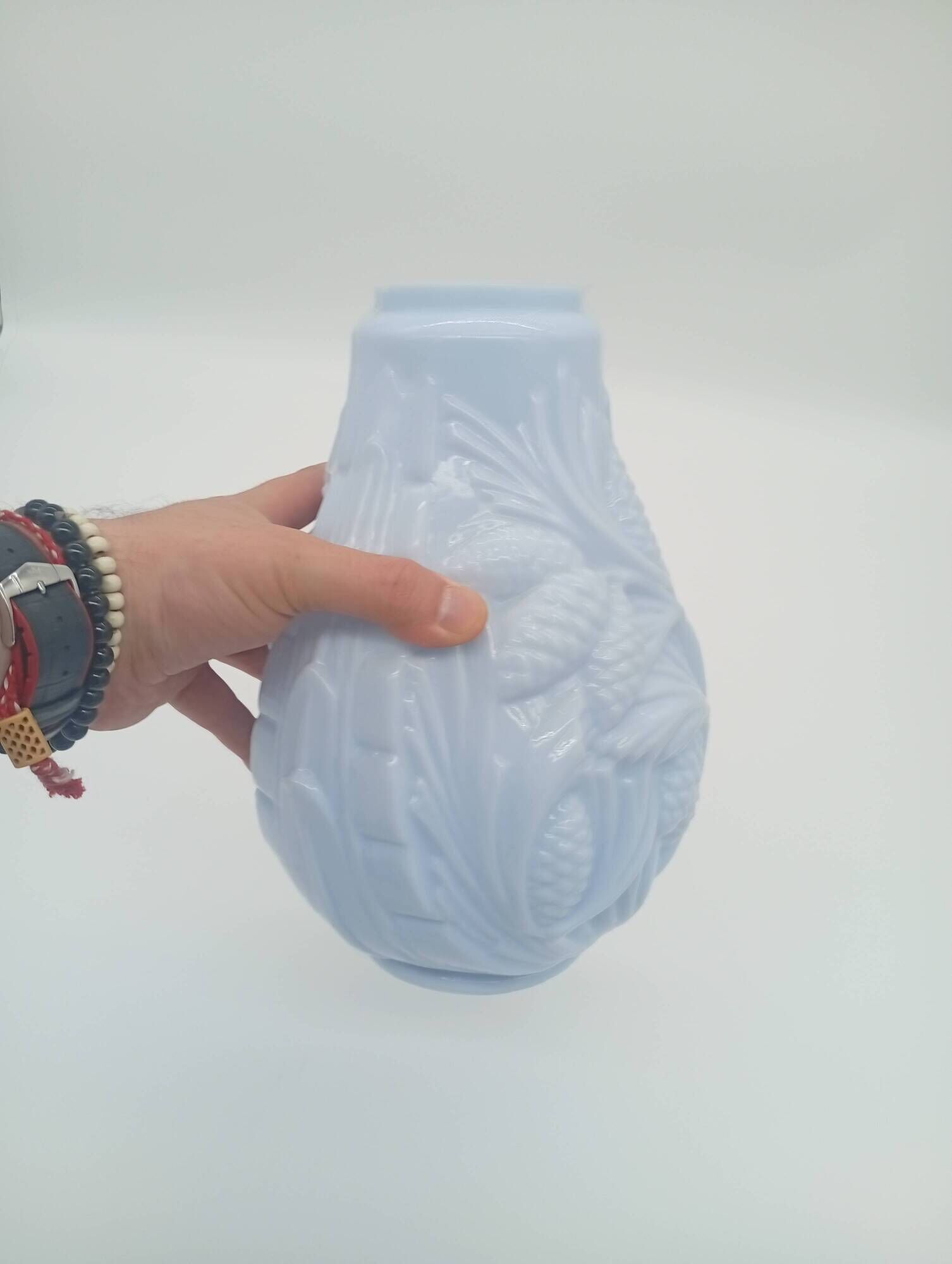Art Deco Opaline Vase Blue Pastel Glass Pine Cone Decoration France 1930s