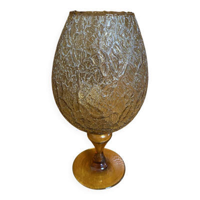 Vase sur pied ancien empoli verre ambré craquelé grand modèle vintage