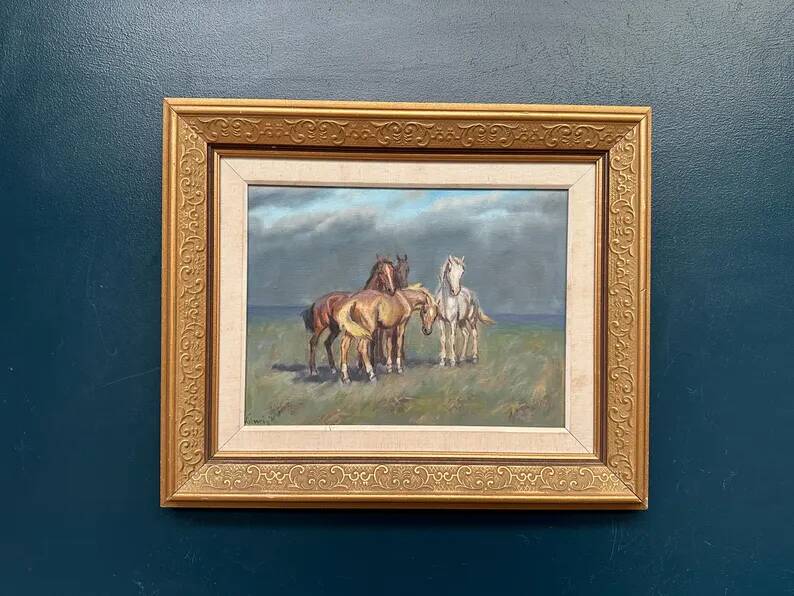 Original Swedish Oil on Canvas – “Horses” – Signed – Vintage & Framed – 59.5 × 49.5 cm