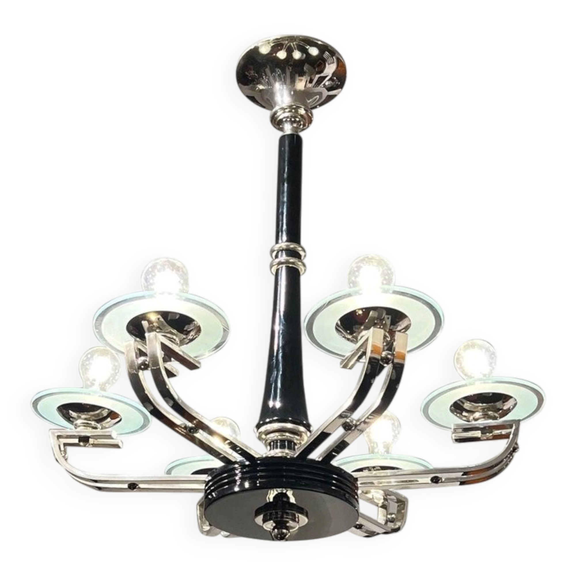 Chandelier Art Déco en laque noire et verre, 1930