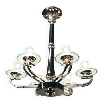 Art Deco Chandelier in Black Lacquer and Glass, 1930