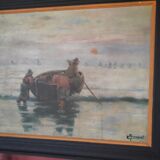 Tableau ancien à l'huile sur un panneau de bois représentant des pêcheurs