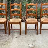 4 Vintage Farmhouse Style Dining Chairs in Solid Oak Straw Wood