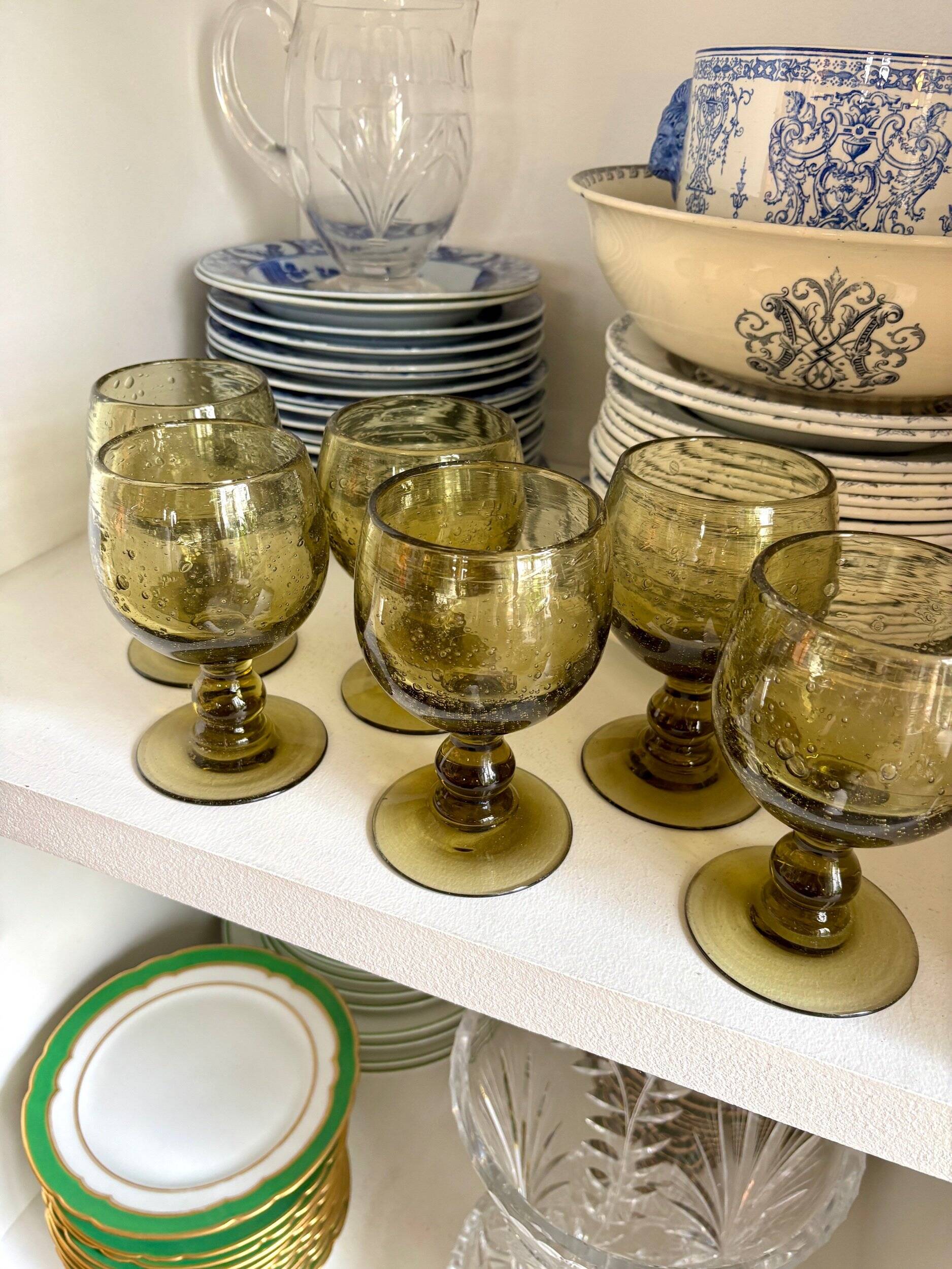 6 stemmed glasses in green blown glass