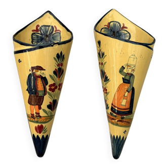 Old pair of ceramic faience bouquets henriot quimper yellow