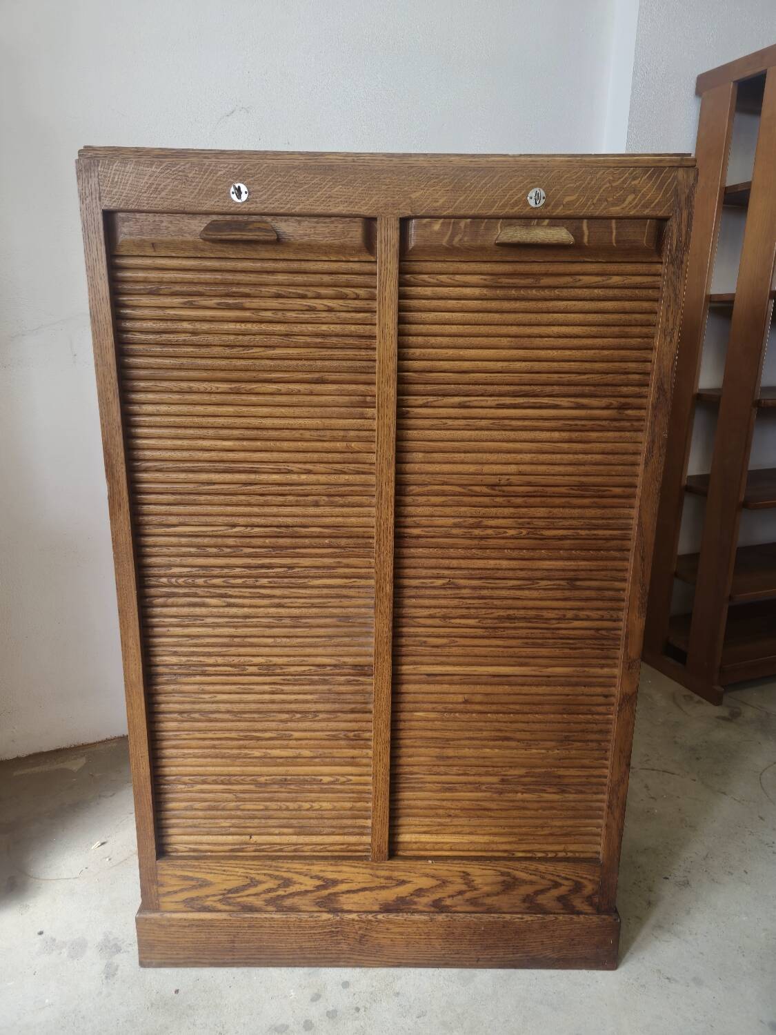 Antique 1950s double sliding door filing cabinet with curtains