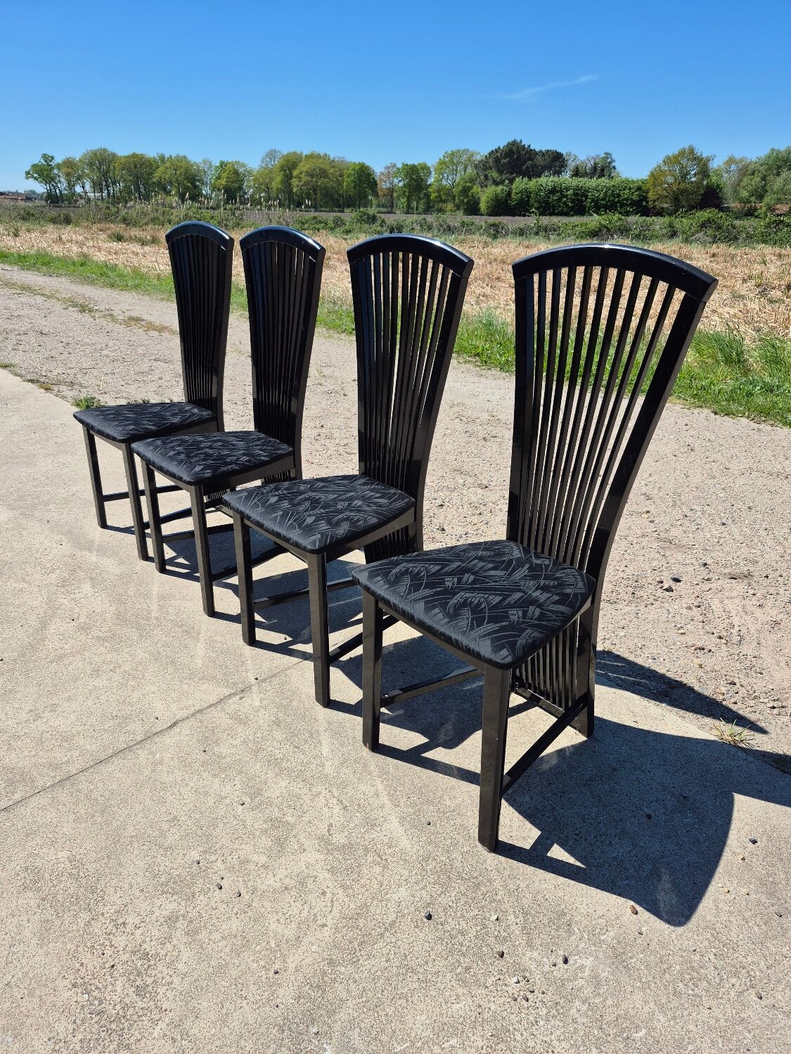 Set 4 postmodern black lacquer dining chairs 1980s