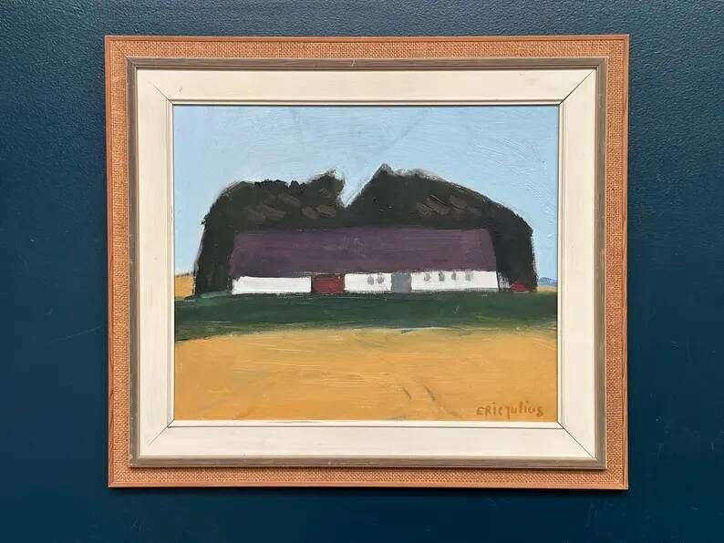 Original Swedish Oil on Canvas – "Farm" by Eric Julius – Signed – Vintage & Framed – 61 × 53 cm (24" × 20.9")