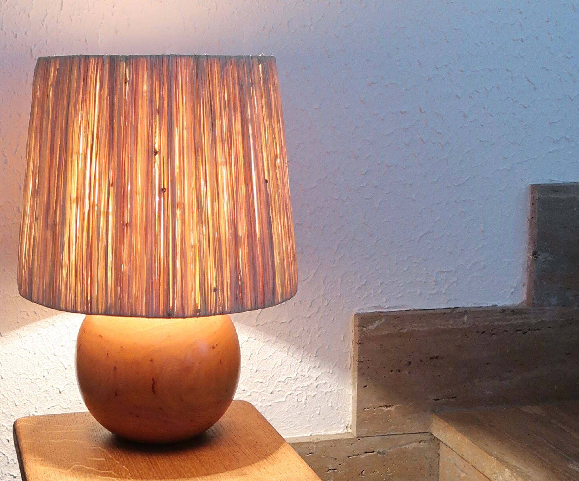 Wooden ball lamp with raffia lampshade 70s
