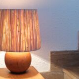 Wooden ball lamp with raffia lampshade 70s
