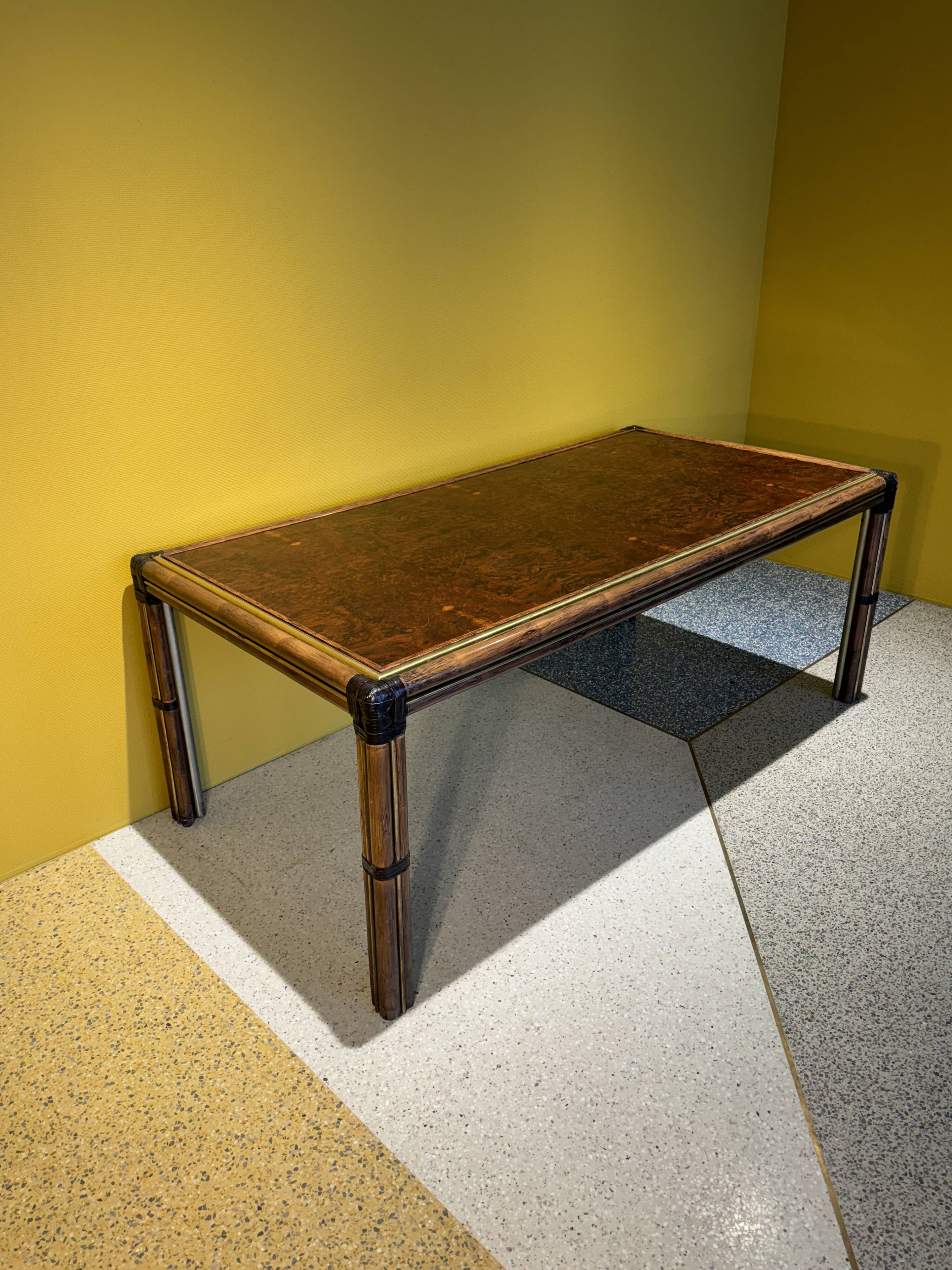 Bamboo And Burlwood Top Dining Table, Italy, 1970's