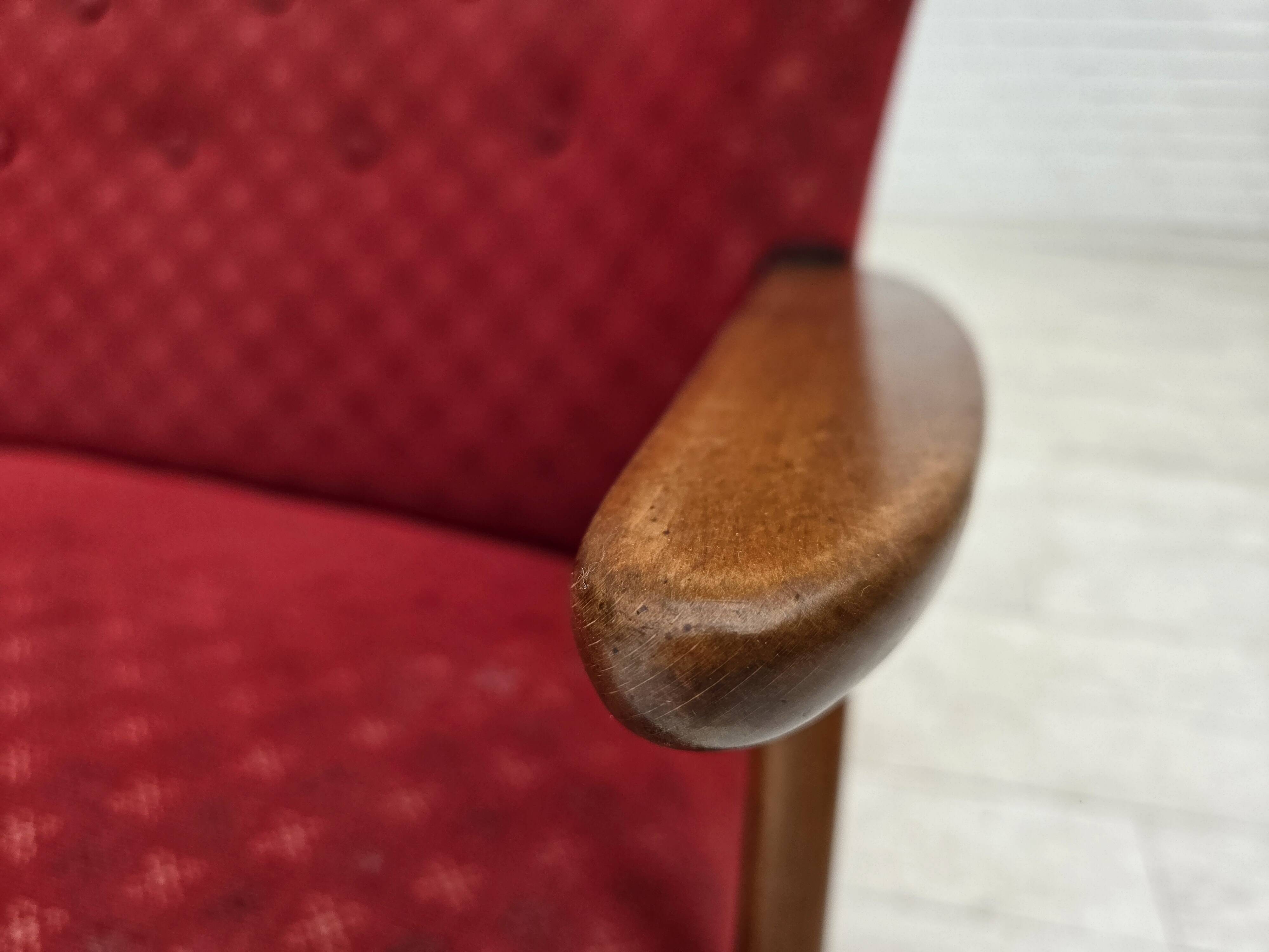 1960s, Danish 2-seater sofa, red furniture fabric, beech wood.