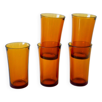 set of 5 water / cocktail glasses Long Drink in Duralex amber glass 1970