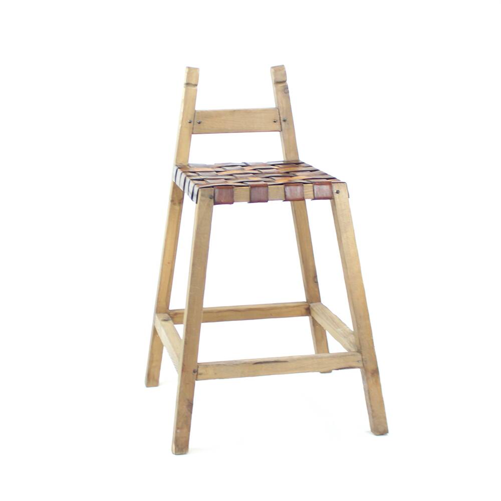 Large Vintage Bar Stool In Wood & Leather, Czechoslovakia 1950s