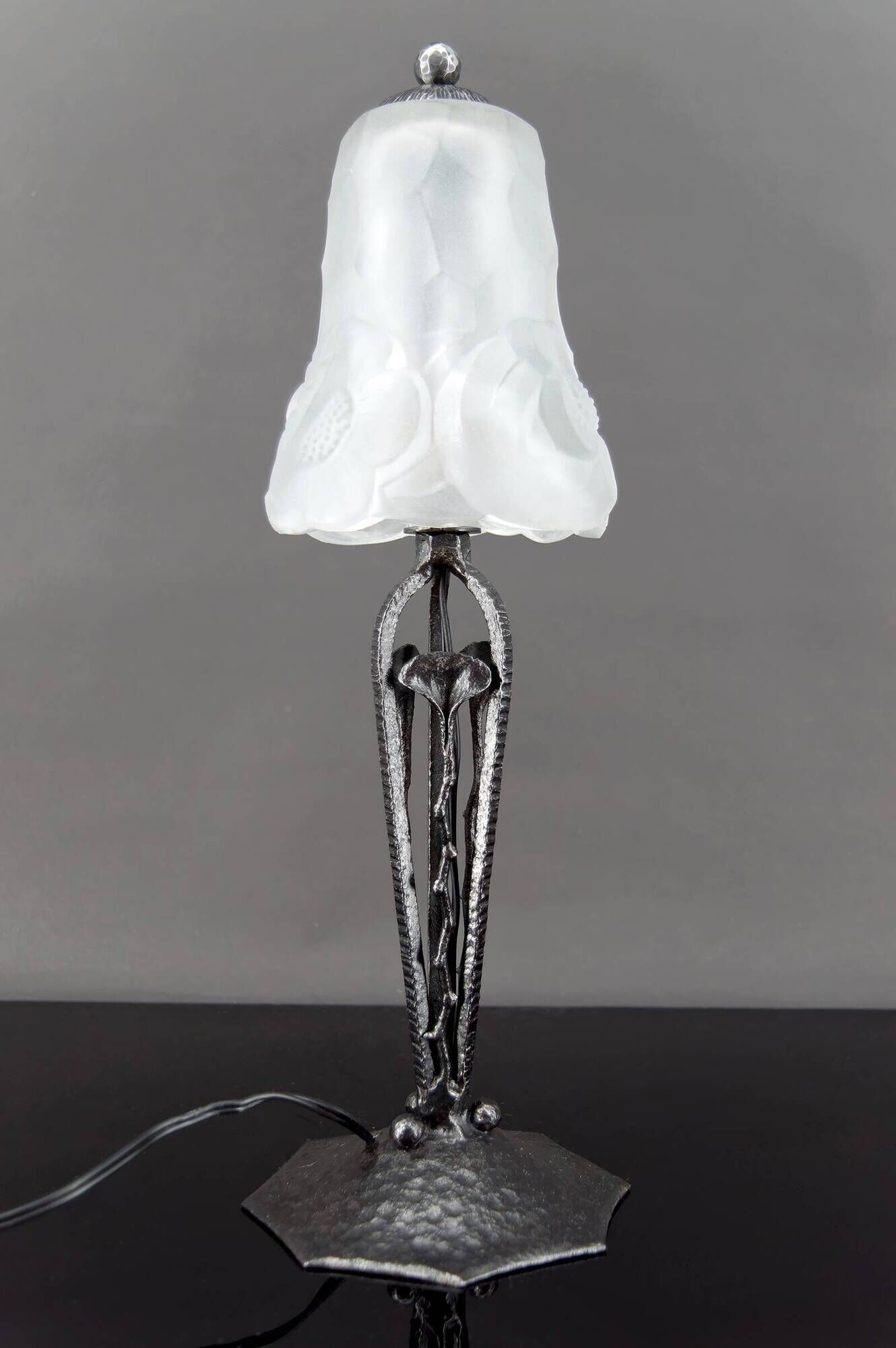 Art Deco Wrought Iron Lamp, Floral Tulip signed Degué, France, c. 1930