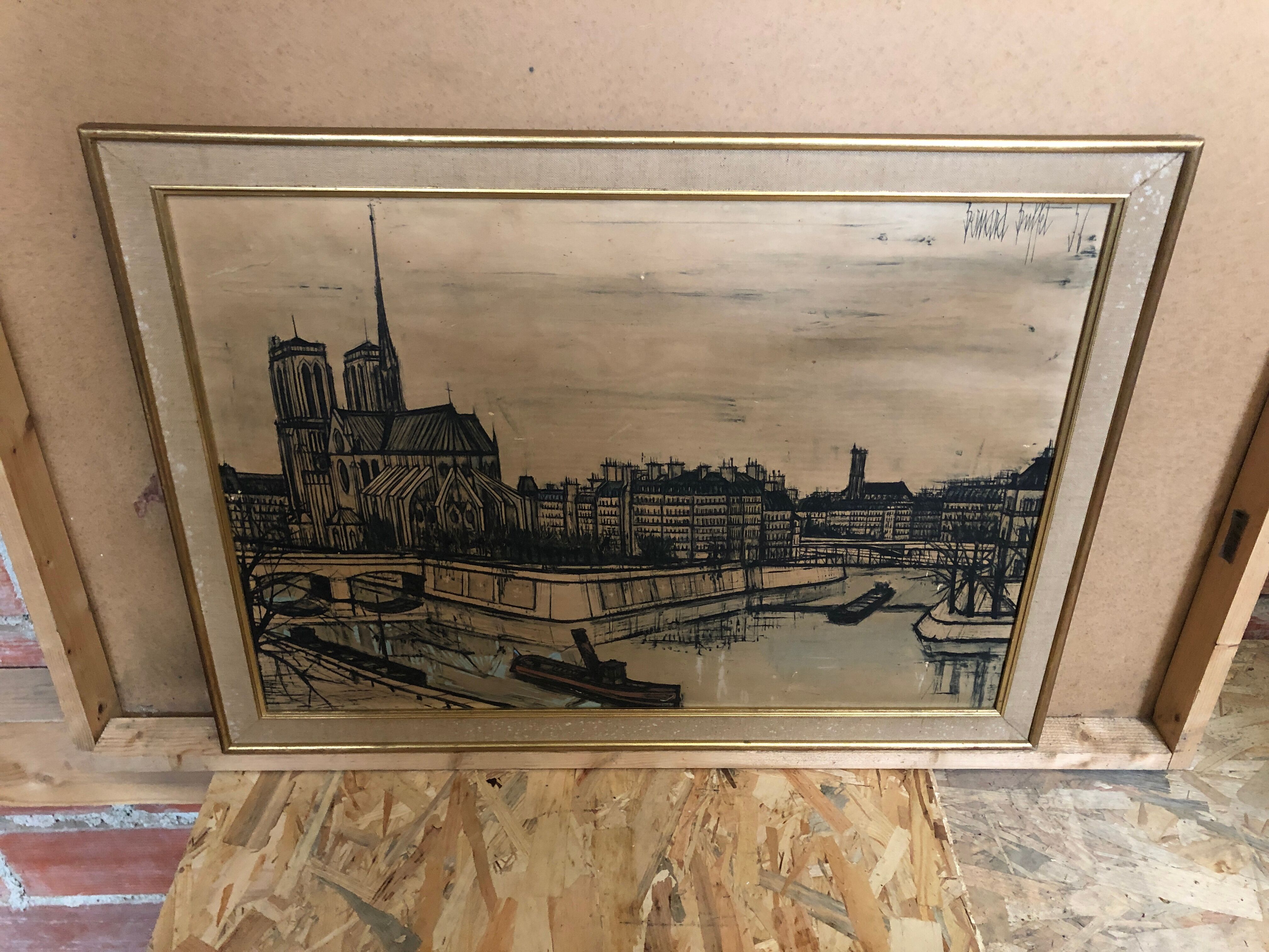 Old painting on canvas buffet 56 Notre Dame Paris + vintage wooden frame