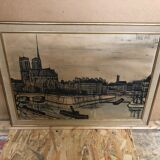 Ancien tableau tirage sur toile buffet 56 notre dame paris + cadre bois vintage