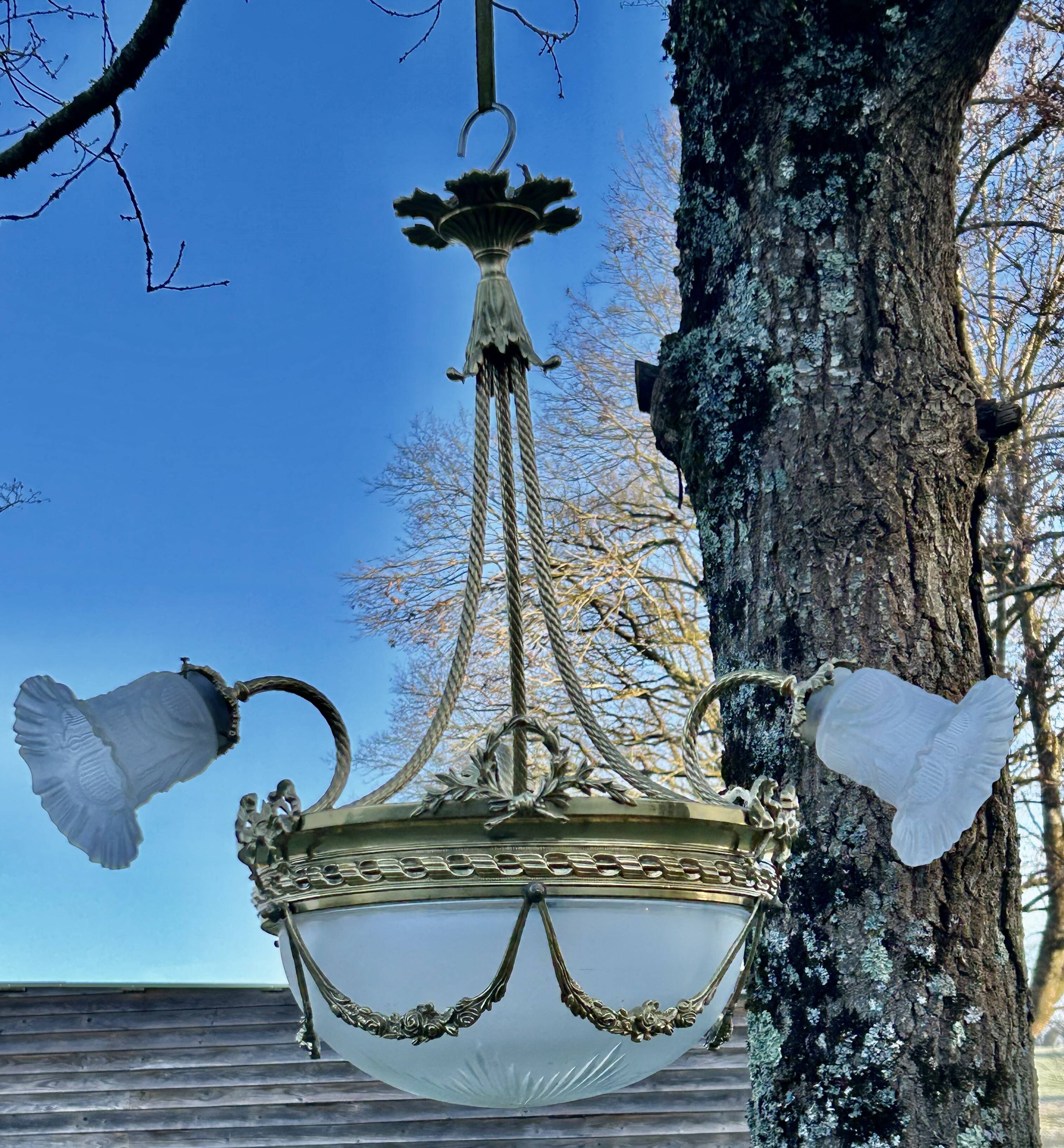 Superbe lustre Bronze Art Déco mélange de style, vers 1930/50, 3 branches 4