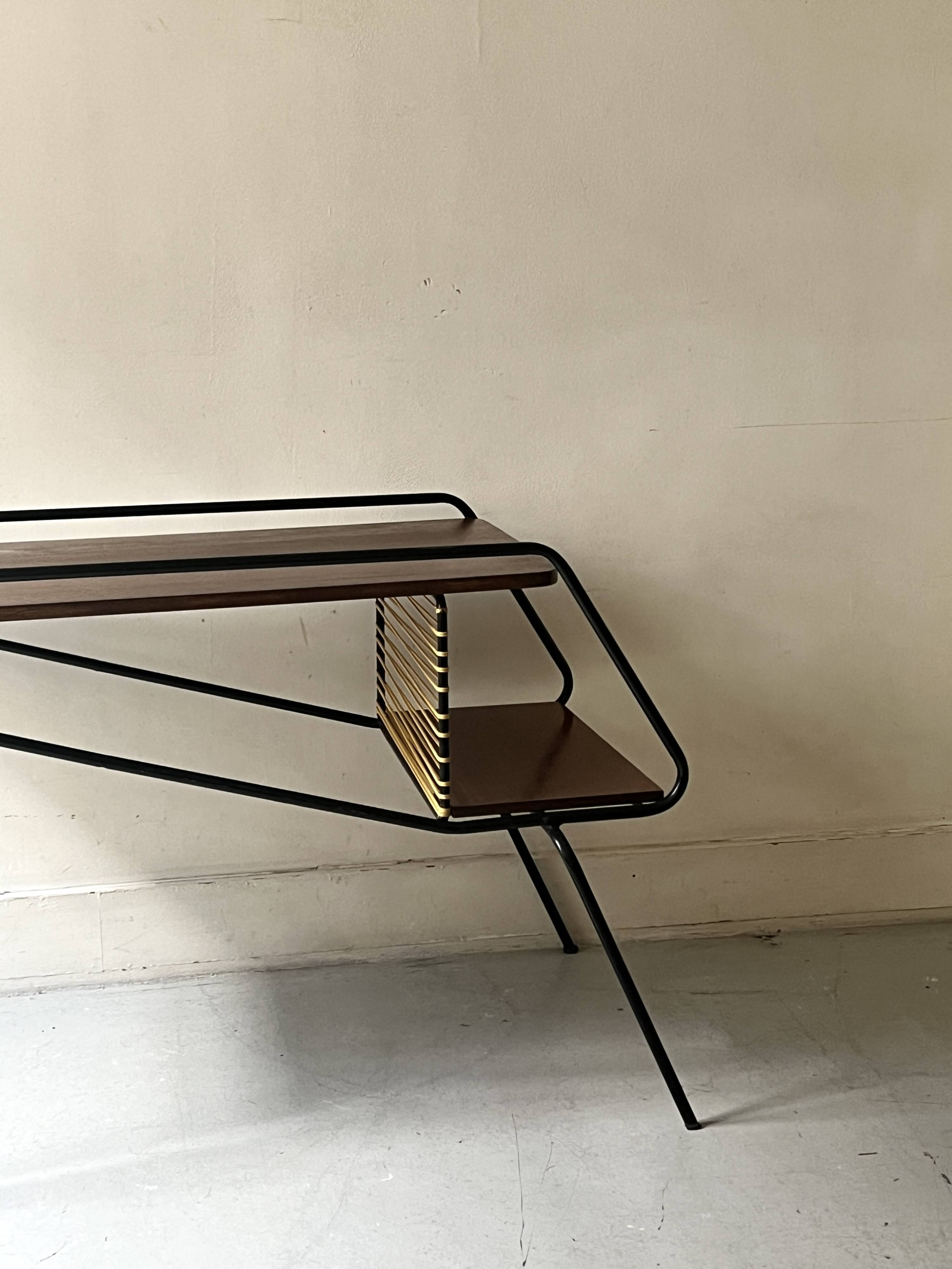 Modernist TV/Hifi table in wood & metal by J. Hitier, French design 1950.