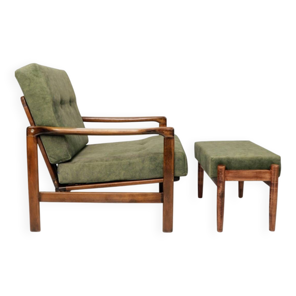 Fauteuil moderne du milieu du siècle design mousse verte par Z.Bączyk 1965 repose-pieds inclus