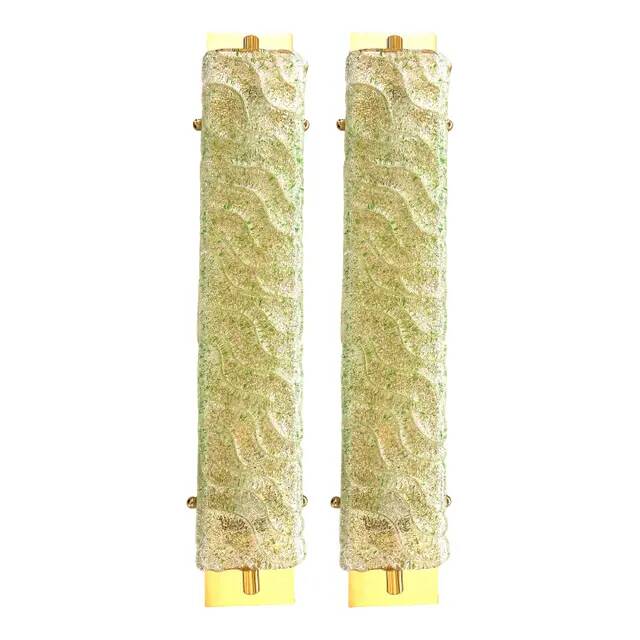 Luxury Gold 24k Wall Sconces With Green “Graniglia” Murano Glass Set of Two