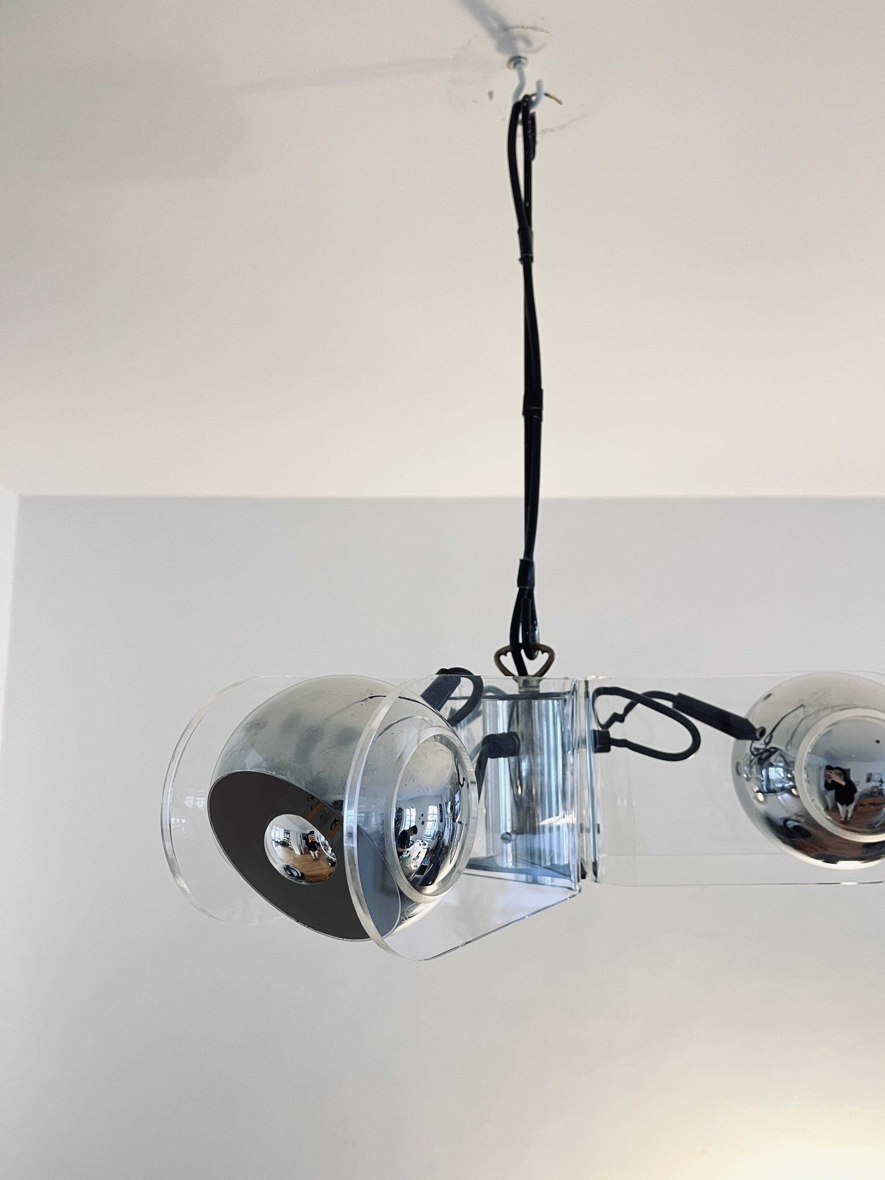 Vintage Chrome & Acrylic Pendant Lamp in the Style of Gino Sarfatti , 1970s
