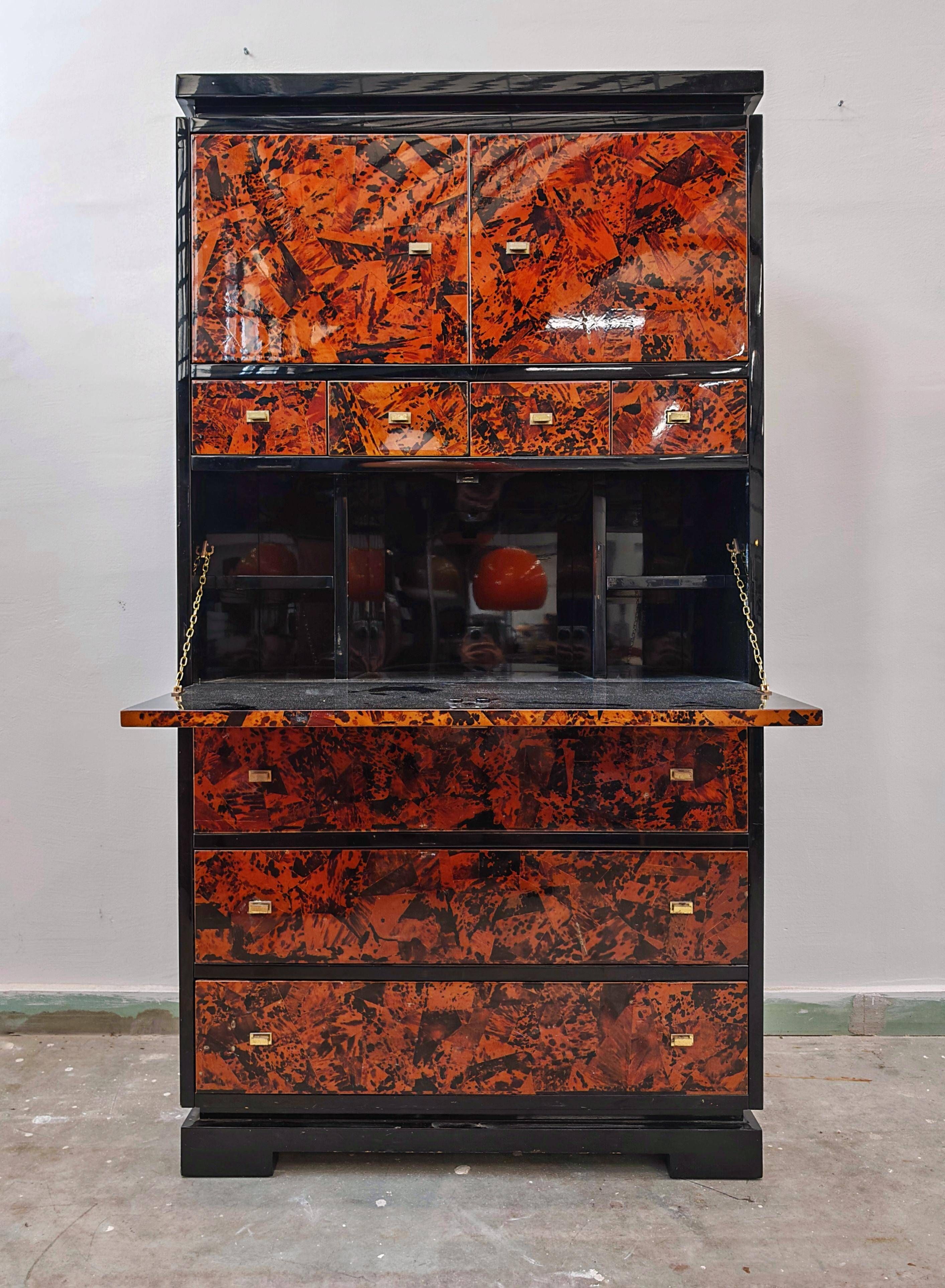 Mid Century Tall Boy or Secretary in tortoiseshell and lacquer by Ottini