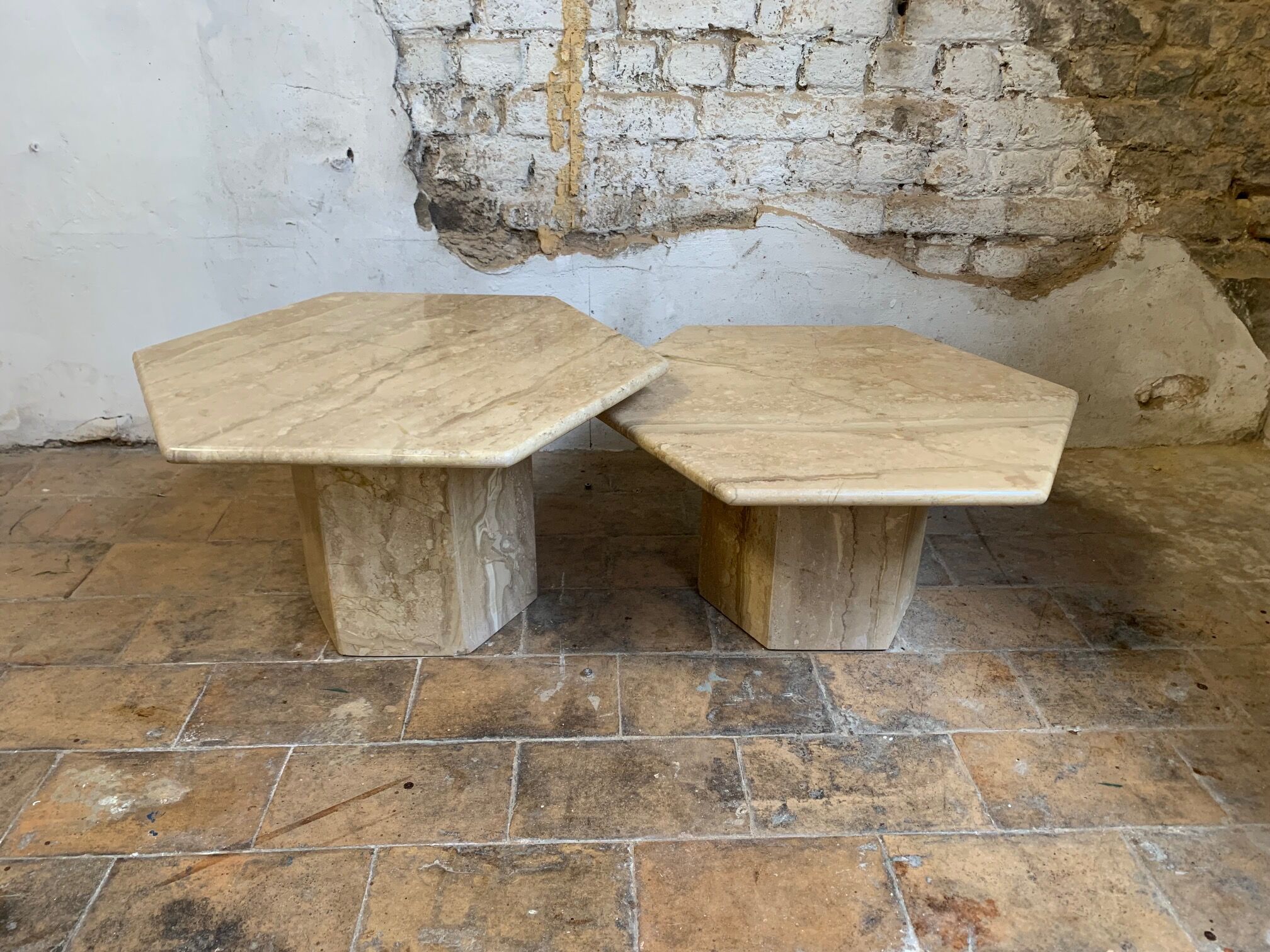 Vintage travertine coffee table duo
