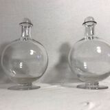 Paire ancienne carafes bombée verre avec bouchon rond vintage