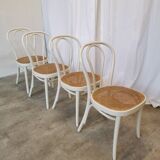 Set of 4 Vintage Thonet Style Dining Chairs: White Wood & Cane