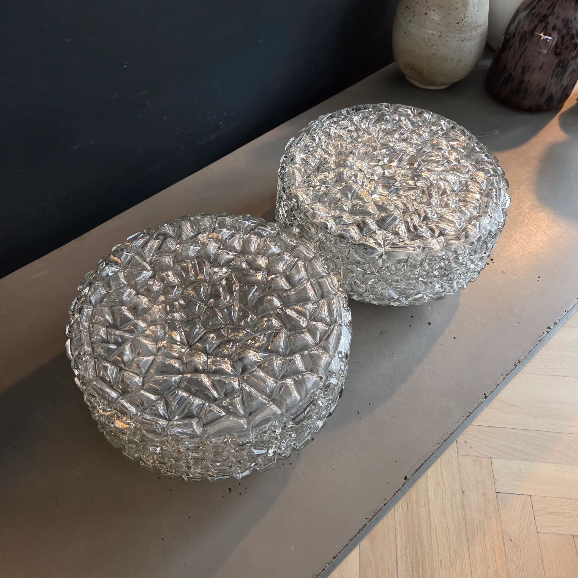 Pair of ceiling lights or moulded glass wall lights.