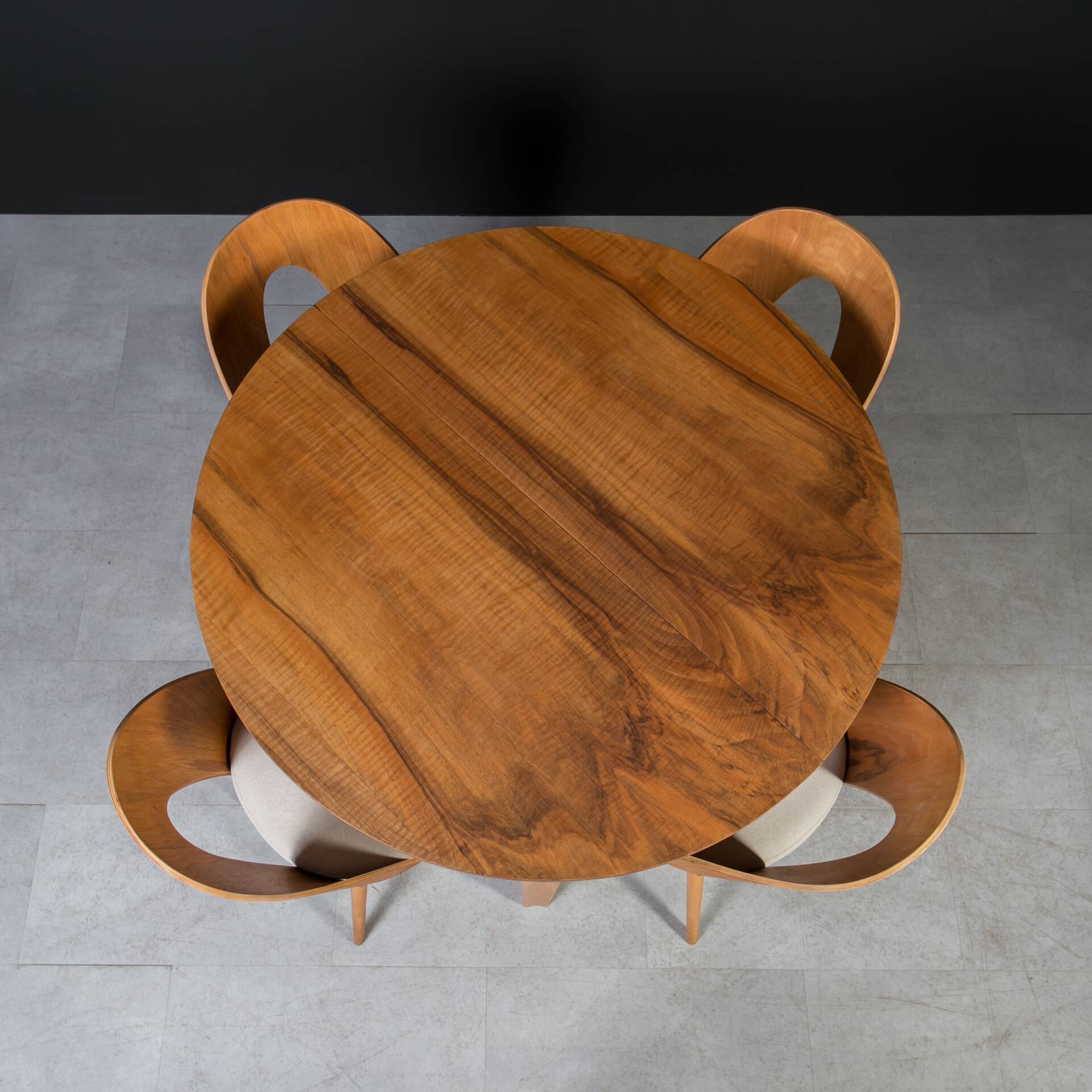 Unique dining set: Extendable round table and Czech chairs by Antonín Šuman
