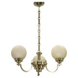 1930s Art Deco brass chandelier with textured glass globes, Czechoslovakia