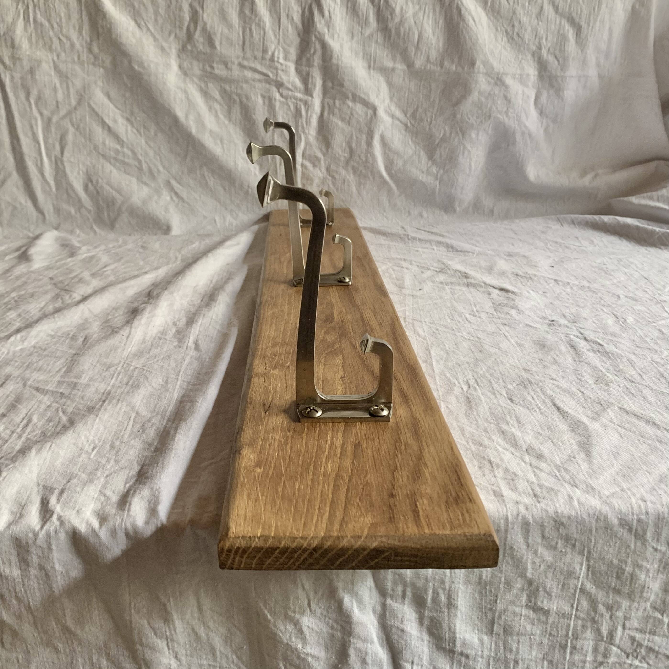 Vintage wooden wall coat rack - 3 chrome metal hooks